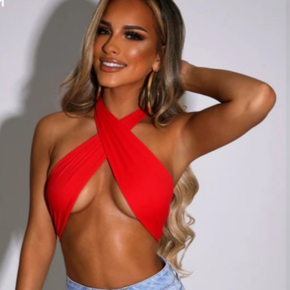 BABYBOO XAVIA CROP HALTER TOP/BATHING SUIT TOP-REAL RED SIZE XS NWT - Picture 3 of 10